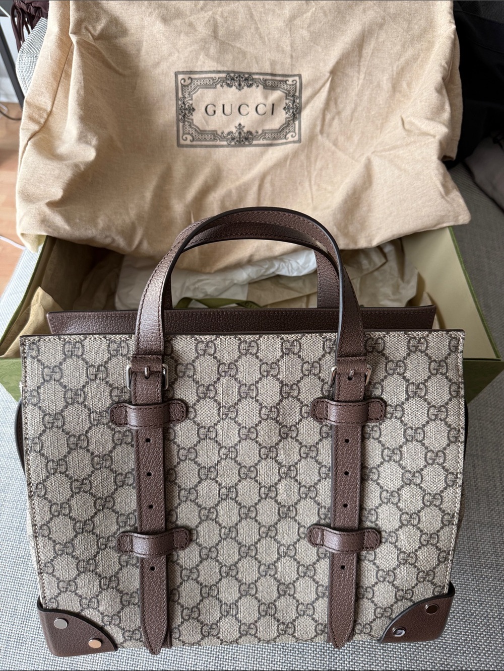 Gucci Beige GG Supreme Canvas Tote with Brown Leather Trim
